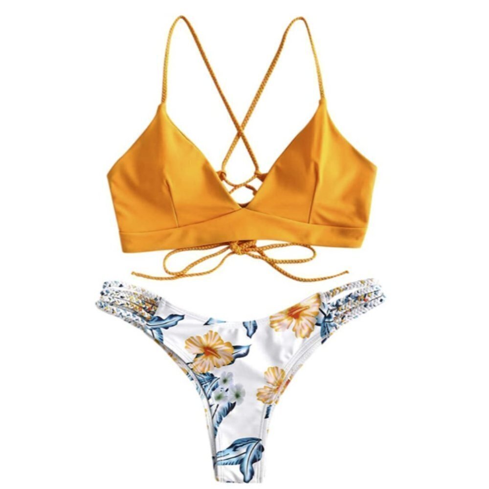 Zaful Braided Strappy Criss Cross Bikini Yellow Orange Floral Size 8 New